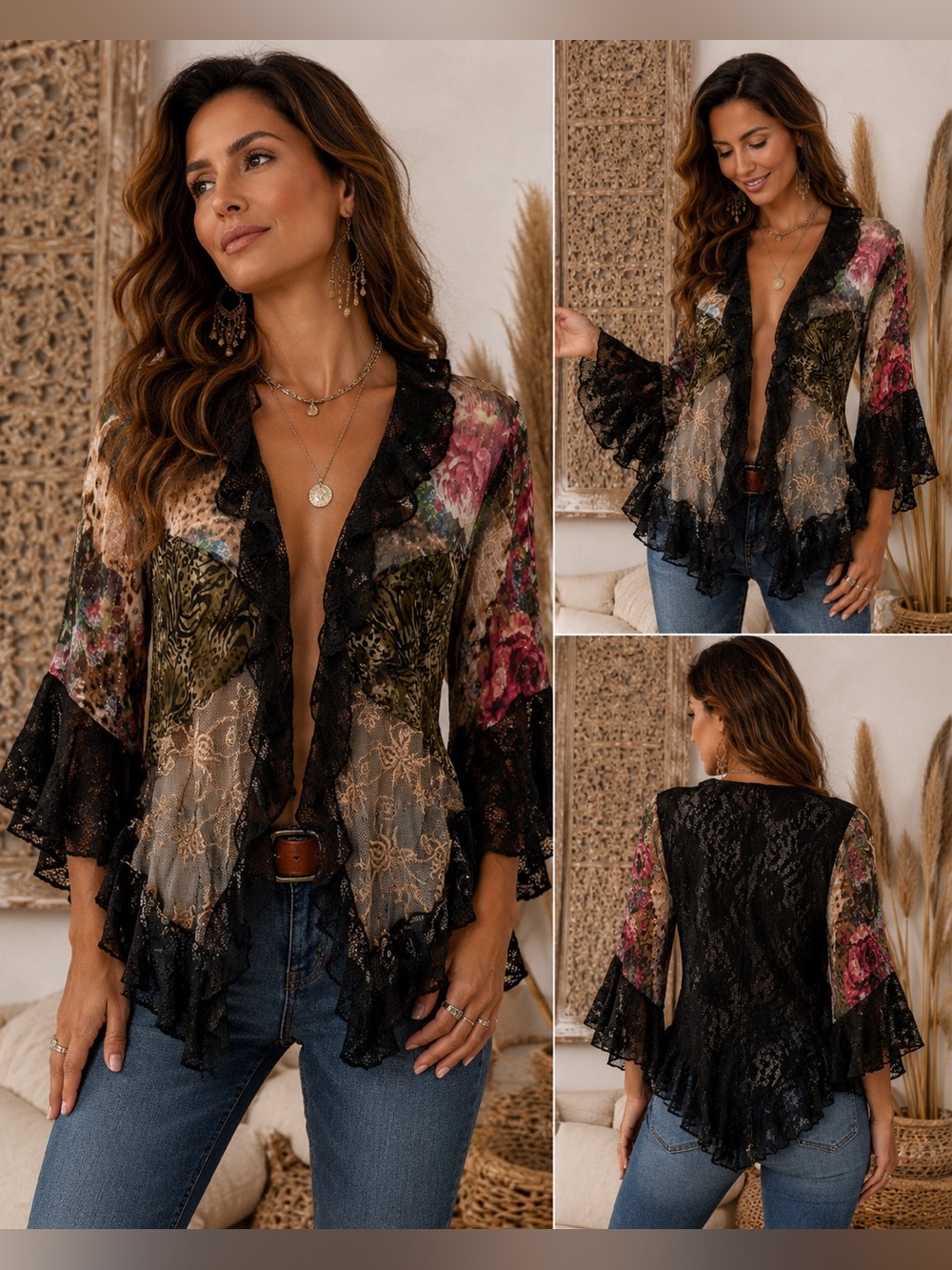 Spencer Alexis Petites Sheer Floral Black Lace Boho Gypsy Open Front Cardigan